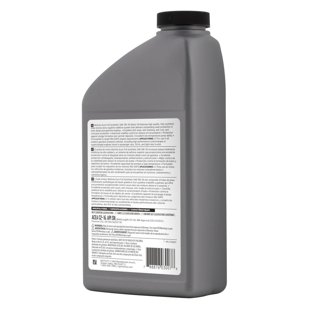 MOTIVITY Euro Full Synthetic SAE 0W-30 Motor Oil - 6 Pack of 1 Quart Bottles