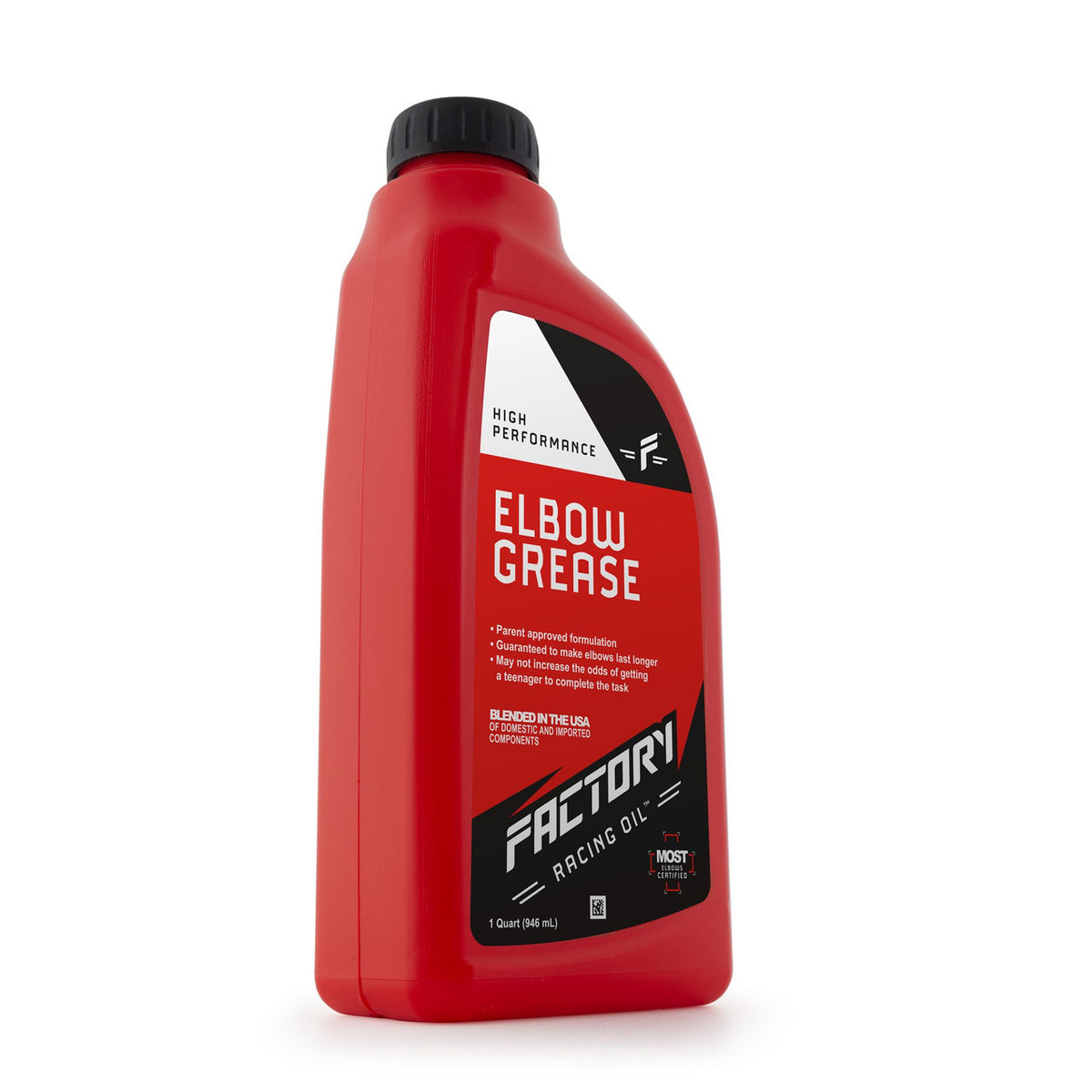 Factory Racing Parts Maximum Strength Elbow Grease – For the DIYer Who Never Finishes the Job – Gag Gift – Dad Joke – Car Guy Prank – 1 Quart (Empty) Bottle