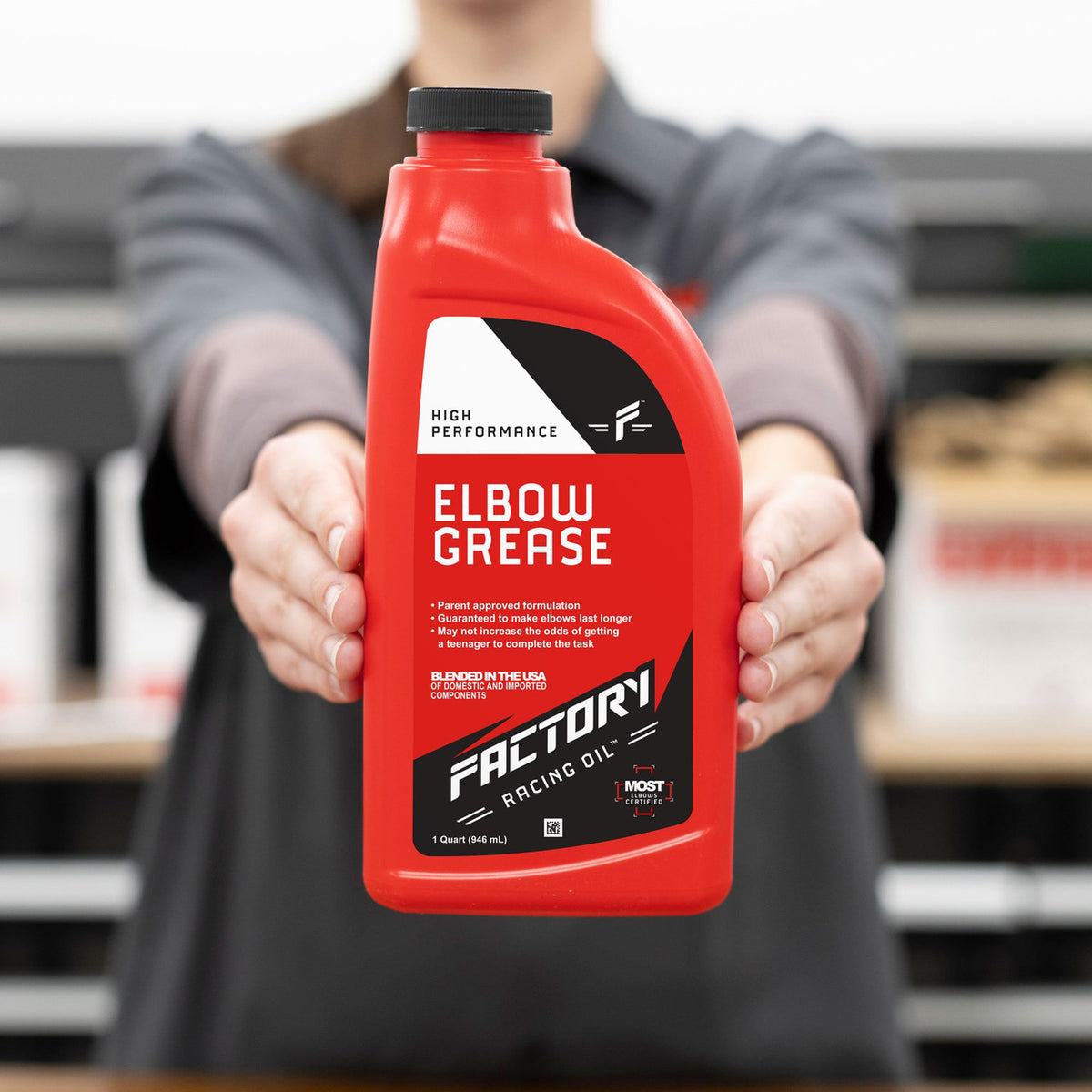 Factory Racing Parts Maximum Strength Elbow Grease – For the DIYer Who Never Finishes the Job – Gag Gift – Dad Joke – Car Guy Prank – 1 Quart (Empty) Bottle