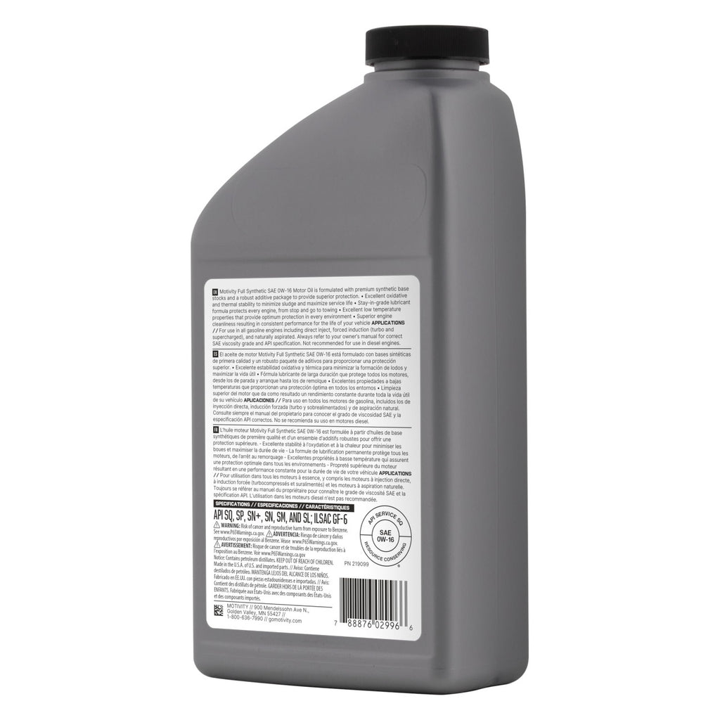 MOTIVITY Full Synthetic SAE 0W-16 Motor Oil - 6 Pack of 1 Quart Bottles
