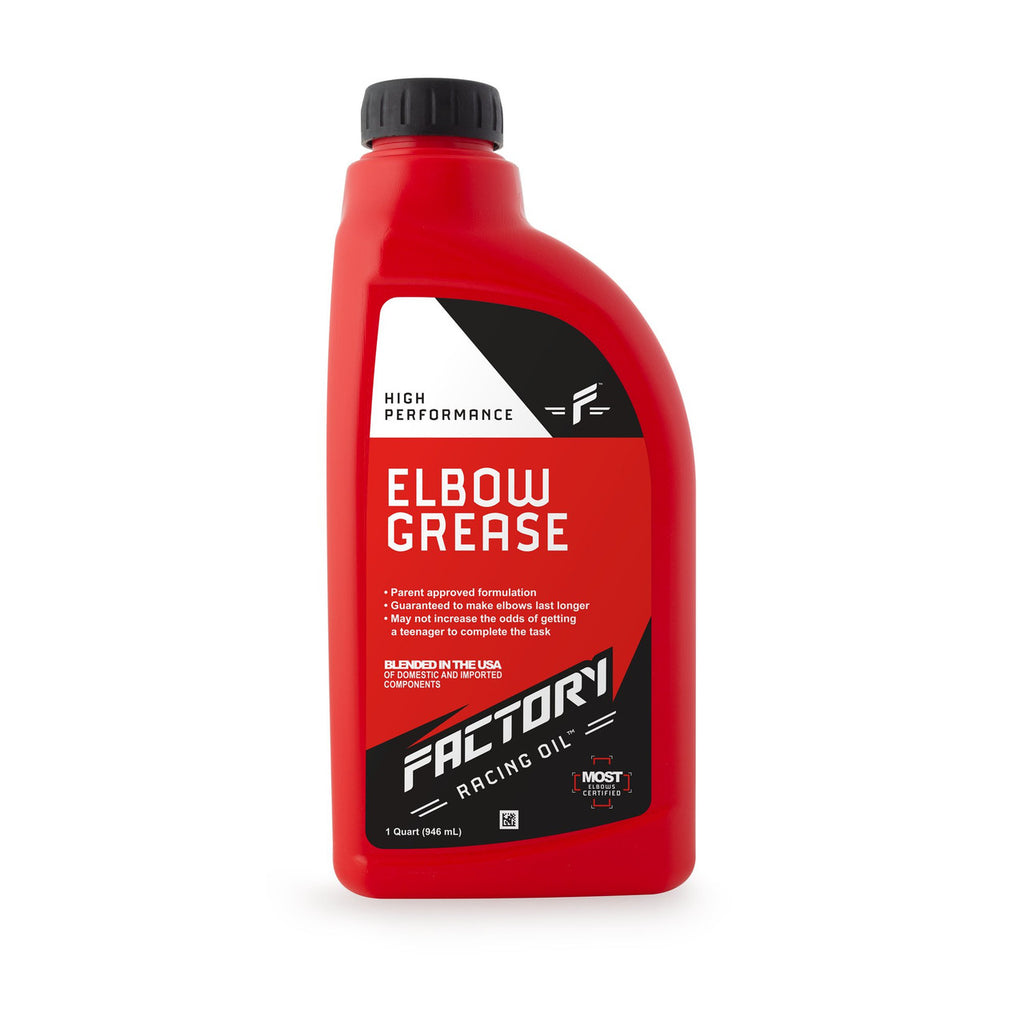 Factory Racing Parts Maximum Strength Elbow Grease – For the DIYer Who Never Finishes the Job – Gag Gift – Dad Joke – Car Guy Prank – 1 Quart (Empty) Bottle
