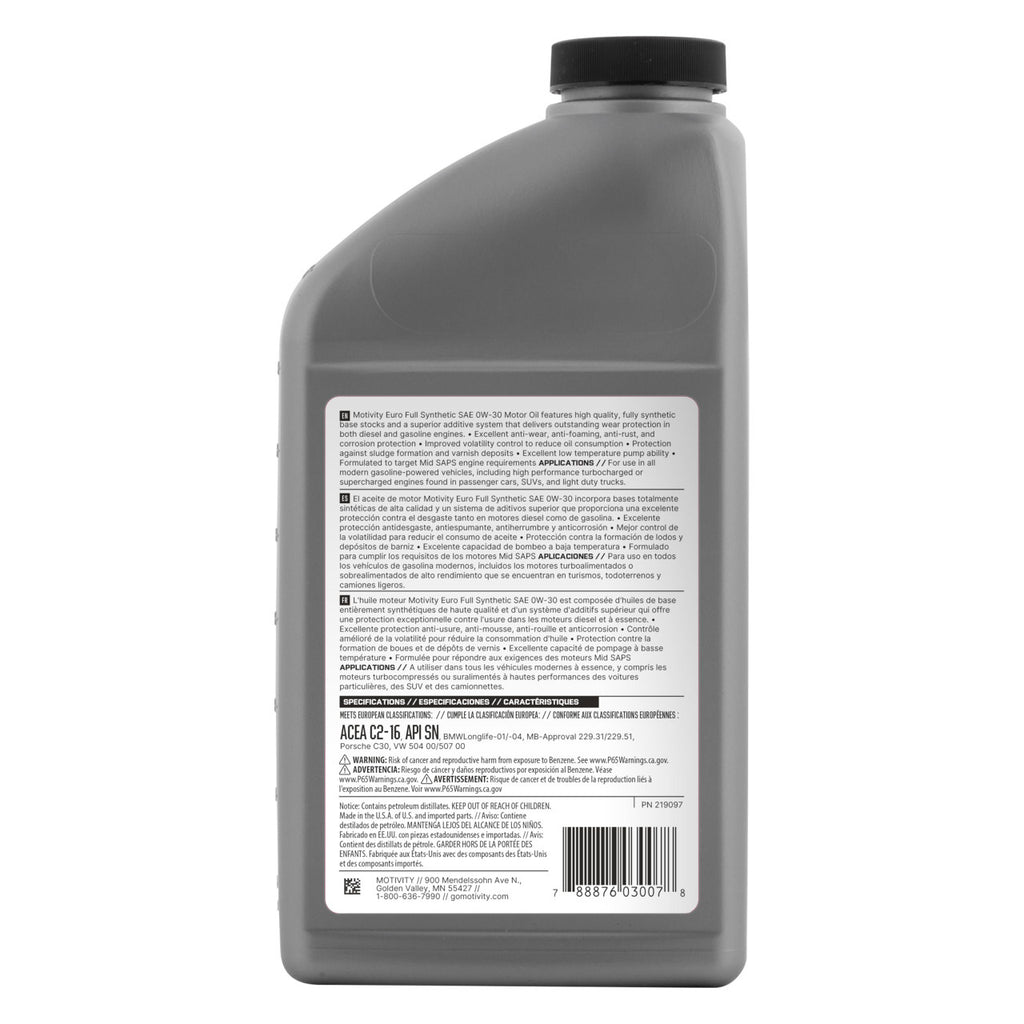 MOTIVITY Euro Full Synthetic SAE 0W-30 Motor Oil - 6 Pack of 1 Quart Bottles