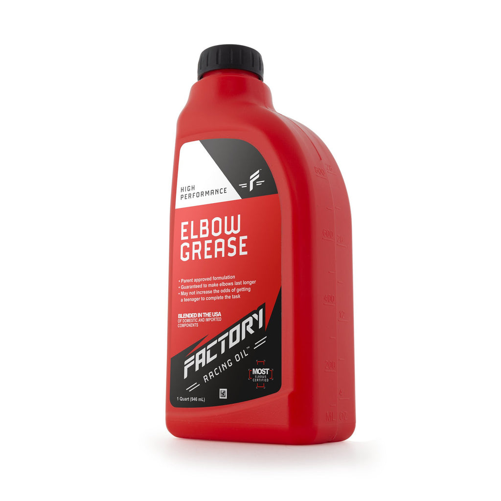 Factory Racing Parts Maximum Strength Elbow Grease – For the DIYer Who Never Finishes the Job – Gag Gift – Dad Joke – Car Guy Prank – 1 Quart (Empty) Bottle